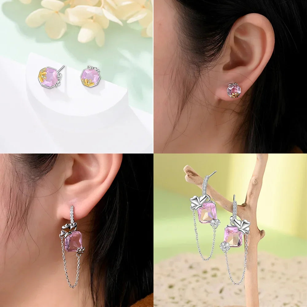 925 Sterling Silver Earrings Women Jewelry Butterfly Flower Pink Flowers Zircon Hoop Ear Studs Sparkling Earring Wedding Gift