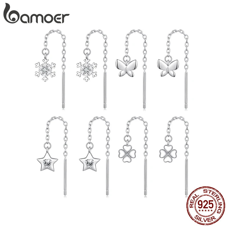 BAMOER 925 Sterling Silber Schneeflocke Tropfen Baumeln Ohrringe für Frauen Teenager Elegante Lange Baumeln Ohrringe Einfädler Quaste