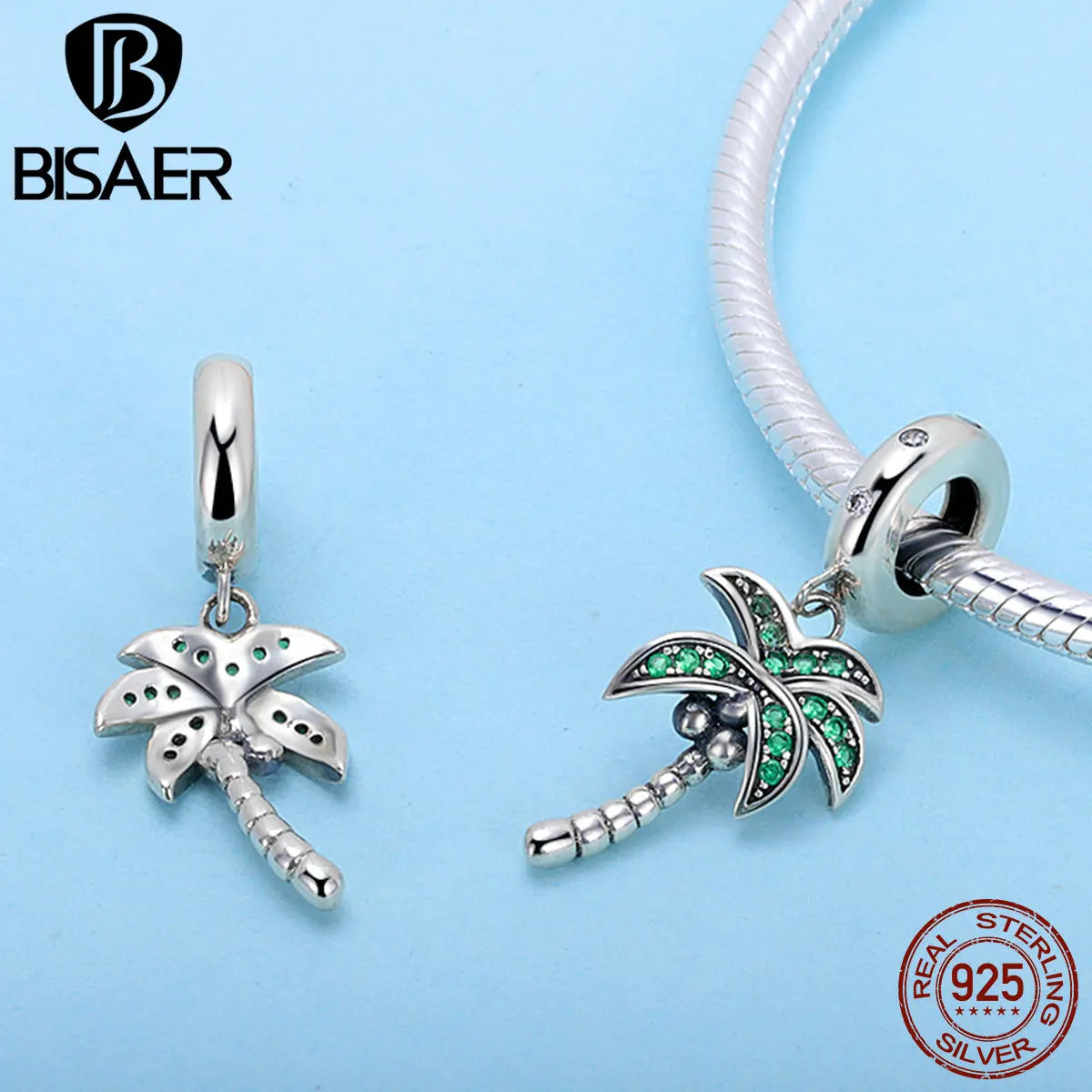 BISAER 925 Sterling Silver Charm Summer Coconut Tree Rond Zircons Pendentif Perle Pour Femmes DIY Bracelets Fine Jewelry EFC601