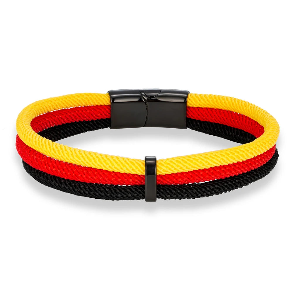 MKENDN Schwarzes Edelstahl-Armband mit Magnetverschluss, mehrlagiges Seil, handgefertigtes Design, Herren- und Damenschmuck mit Flaggen aus Frankreich, Brasilien und Spanien