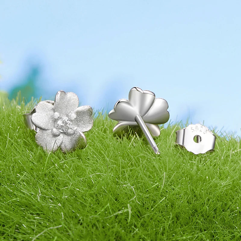 WOSTU 925 Sterling Silver Frosted Flower Open Ring AAA Zircon Flower Stud Eearrings Wedding Set Valentine luxury Jewelry Gift