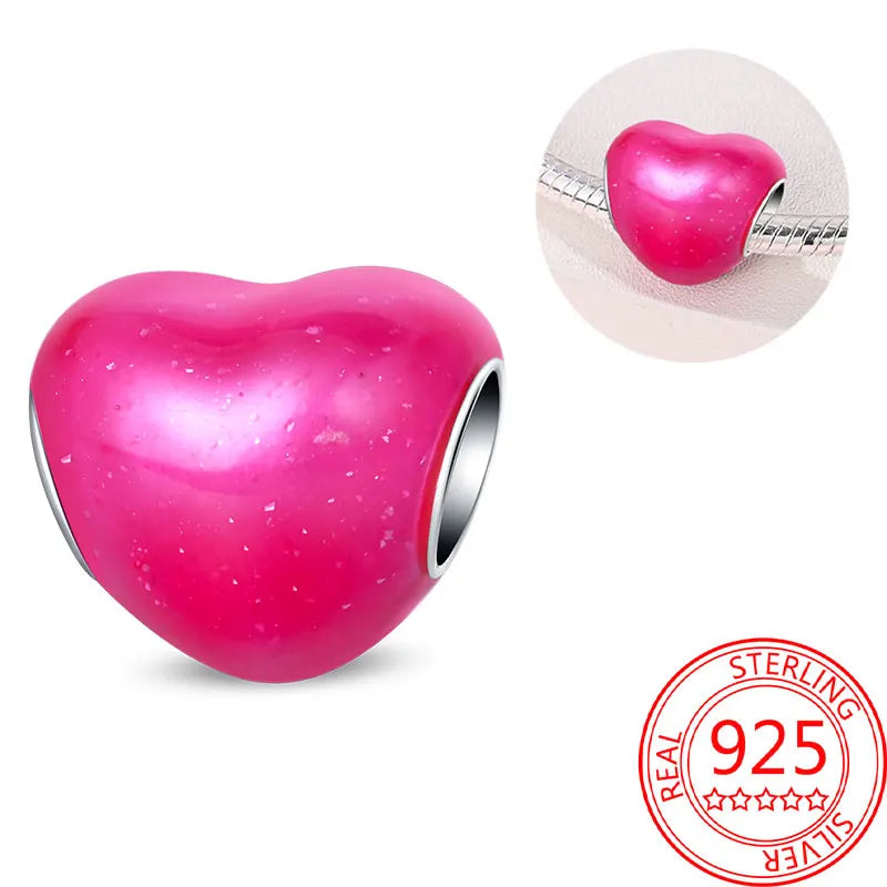 925 Sterling Silver Sparkling Pink Heart Charm Pendant Beads Fit Original Bracelet for Women Valentine Day Jewelry Gifts