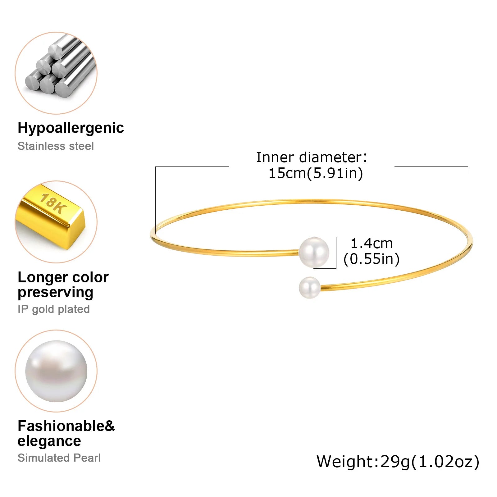 Vnox Simple Stainless Steel Pearl Gold Color  Women's Cuff Choker Necklaces Charm Daily Jewelry Girls Neck Gifts Accessory