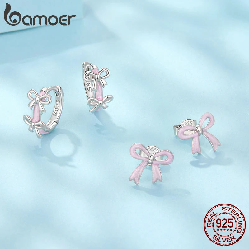 BAMOER 925 Sterling Silver Pink Bow Hoop Earrings Double Bowknot Ear Buckles for Women, Hypoallergenic Sweet Girl Jewelry Gift