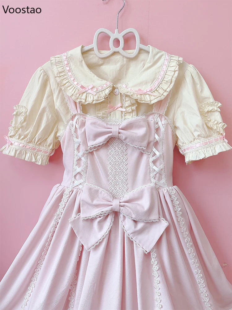 Japanese Sweet Lolita Blouses Women Kawaii Peter Pan Collar Puff Sleeve JK Cotton Shirts Girls Harajuku Cute Bow Blusas Mujer
