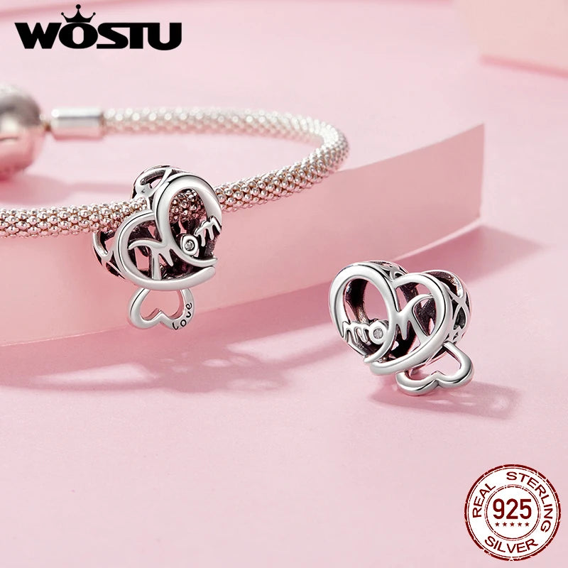 WOSTU Mother Day Gift 925 Sterling Silver Baby Foot Charm Letter Mom Love Beads Red Heart Pendant Fit DIY Bracelet Necklace