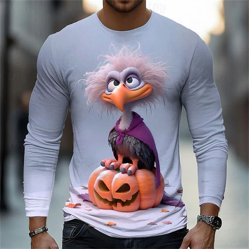 Halloween Men's Animal Cat 3D T-shirt Long-sleeved Men's Round-neck Shirt Fashionable Street Casual Daily Autumn Clothing