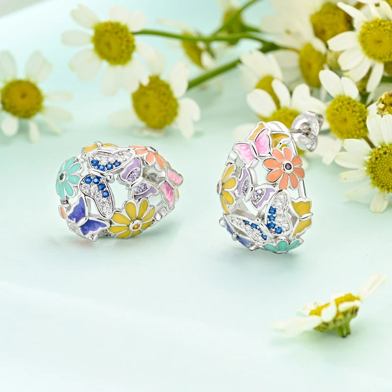 Spring Series Earrings For Women 925 Silver Butterfly Elf Dragonfly Flower Rose Ear Studs Earrings Fine Valentine's Day Jewelry