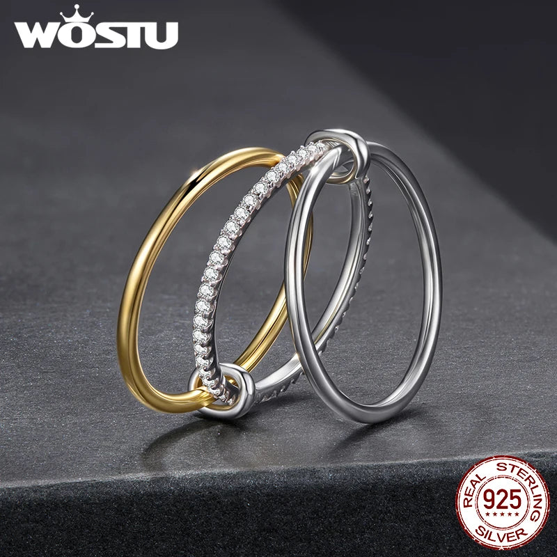 WOSTU Moissanite Interlocked Stackable Rings for Women 925 Silver 18K Gold Two-Tone Three-layer Moissanite Metal Connected Ring