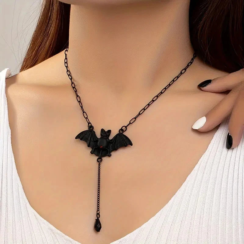 Gothic Halloween Black Bat Teardrop Pendant Necklace for Women Vintage Double Layer Blood Drop Tassel Choker Girls Party Jewelry
