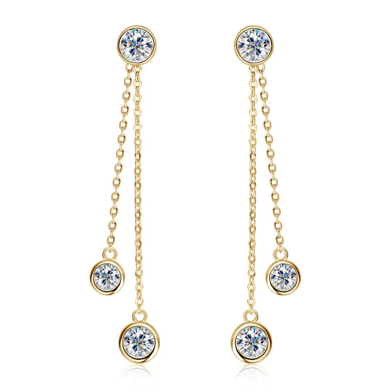 OXTAO Long Tassel Double Chain Earrings 925 Sterling Silver Round Cut Bezel Set D Color Moissanite Drop Earrings Jewelry Gift