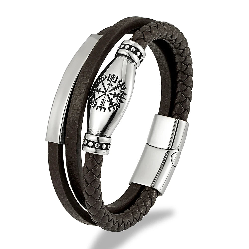 MKENDN Norse Viking Style Stainless Steel Compass Norse Runes Amulet Beads Braided Multilayer Leather Bracelet Homme Pulseras