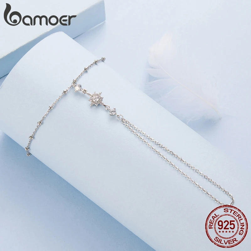 BAMOER 925 Sterling Silber Stern-Handketten-Armband mit Zirkonia-Ring, zartes Armband-Set für Damen, Sommer, verstellbarer Körperschmuck
