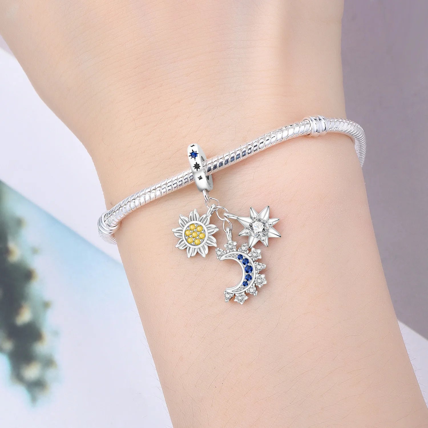 PANPOKI 925 Sterling Silver Star Moon Sun Tassel Beads Original Pendants Bracelet Charm Jewelry Party DIY Trendy Gifts
