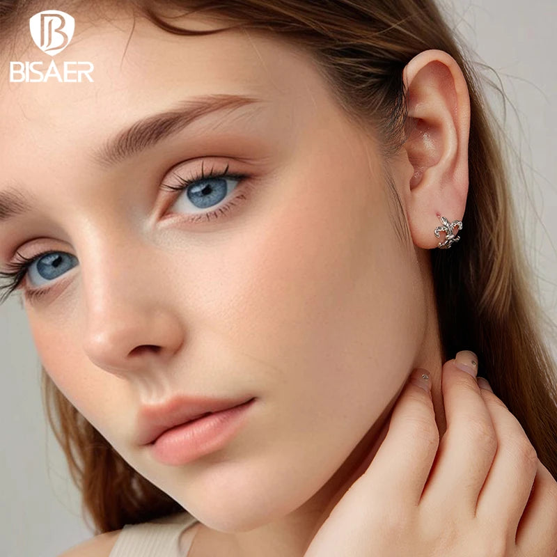 BISAER 925 Sterling Silver Turtle Stud Earrings Bule Enamel Stud Ear Plated White Gold for Women Party Fine Jewelry Holiday Gift