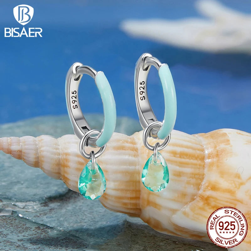 BISAER 925 Sterling Silver Summer Droplet Hoop Earrings Green Water Drop Ear Hooks for Women & Girls Party Fine Jewelry ECE1875