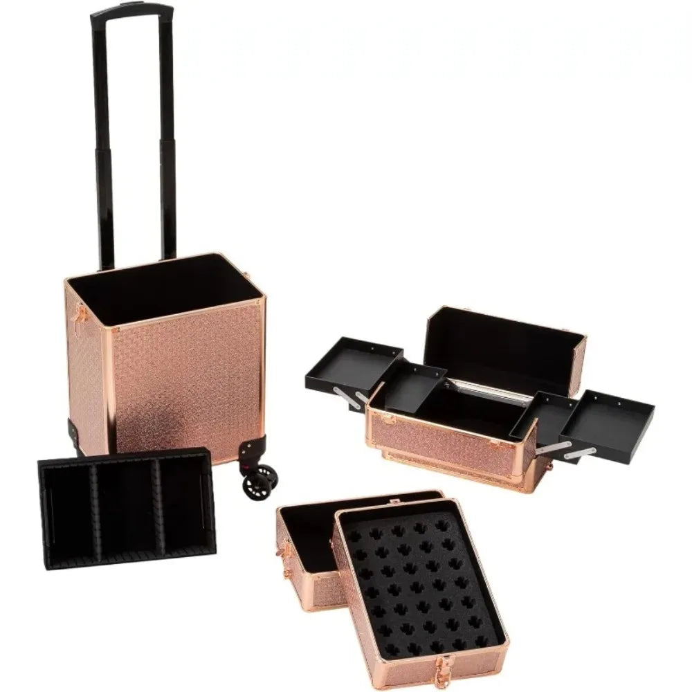 4 in 1 Portable Traveling Aluminum Professional Makeup Trolley Cart with Multiple-Sized Compartments and Wheels (baby's breath g