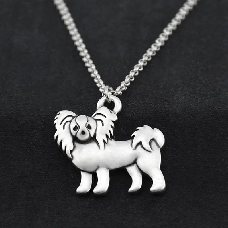 Retro Silver Color Chow Chow&Papillon Pendant Necklace Women Stainless Steel Long Chains Pekingese Dog Necklaces For Men Jewelry