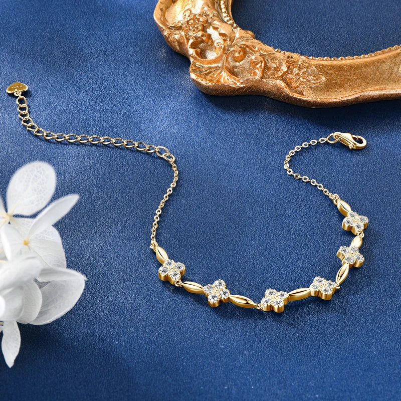 OXTAO Moissanite Four-leaf Crocodile Flower Bracelet Women's 925 Sterling Silver Adjustable Chain Tail Fine Jewelry Birthday