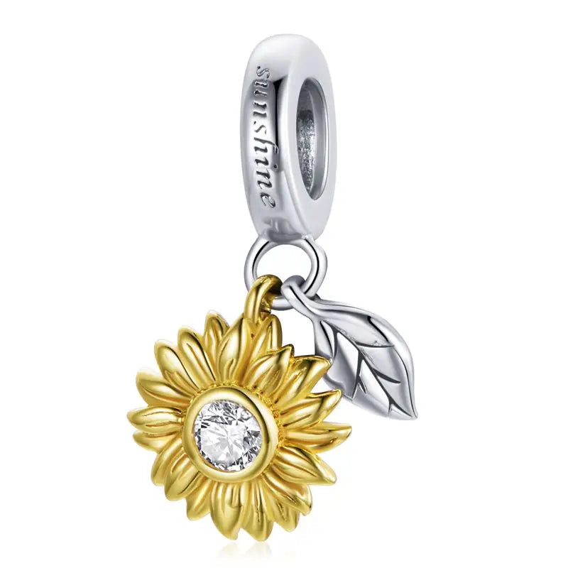 BAMOER Sonnenblumen-Anhänger aus 925er Sterlingsilber, transparent rosa Blume, mondförmiger Lebensbaum-Anhänger, Perlen zum Selbermachen, origineller Schmuck