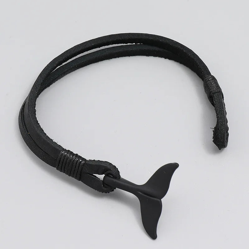MKENDN Vintage Black Whale Tail Genuine Leahter Bracelet Men Women Fashion Beach Jewelry Summer Punk Style