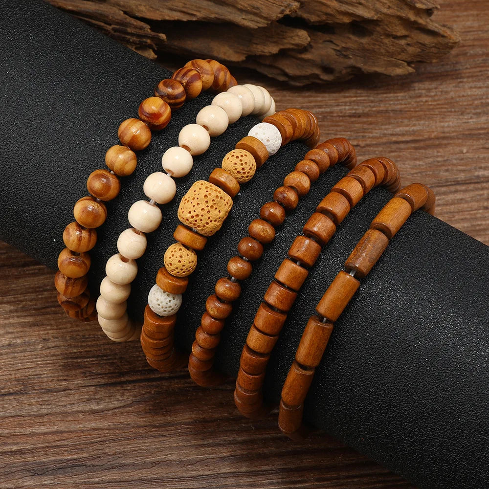4Pcs/ Set Braided Wrap Leather Bracelets for Men Vintage Life Tree Rudder Charm Wood Beads Ethnic Tribal Wristband Rope Bracelet