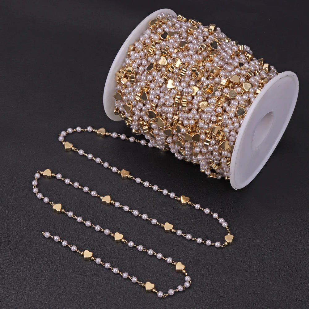 50/100cm Imitation Pearl Beads Handmade Chain Gold Color Adjustable Zinc Alloy Beading Chains For Jewelry Making Crafts Supplies