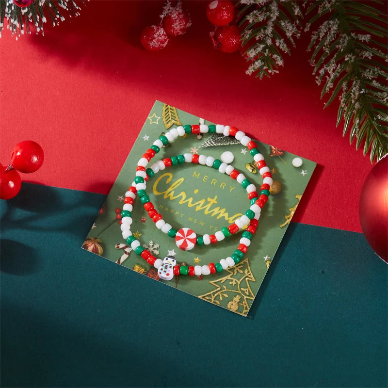 2 Pcs Christmas Colorful Beaded Bracelet Set For Women Xmas Tree Snowman Snowflake Pendant Polymer Clay Bangle Festival Jewelry