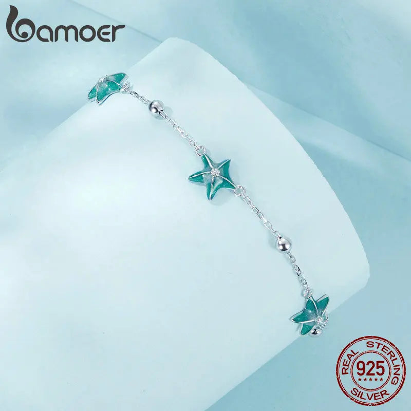 BAMOER 925 Sterling Silver Blue-green Seastar Charm Anklet Simple Chain Foot Jewelry for Women White Gold Plated Summer Jewelry