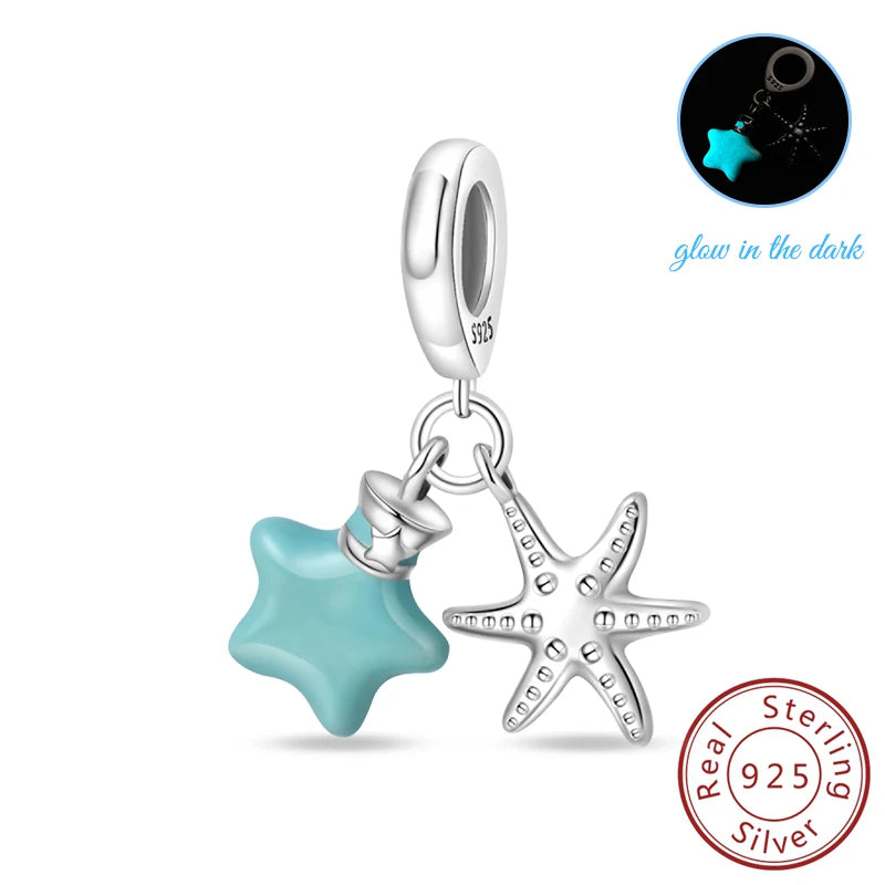 100% 925 Sterling Silver Tortoise Starfish Coconut Luminous Ocean Surfing Charms Beads Fit 925 Original Bracelets DIY Jewelry