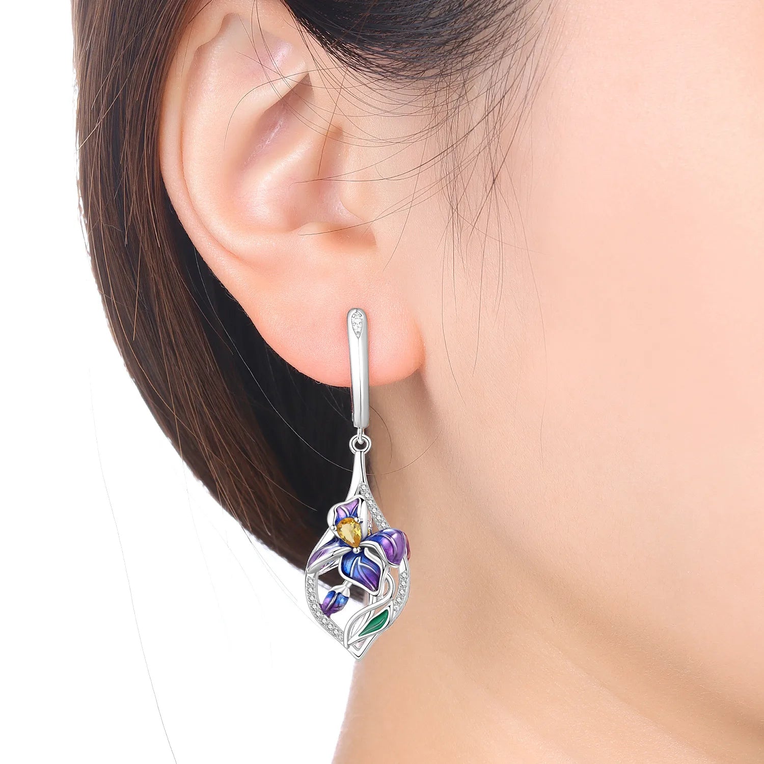 PANPOKI 925 Sterling Silver Blue Purple Iris Flower Drop Earrings Women Earrings Charm Trend Versatile Party Jewelry Gifts
