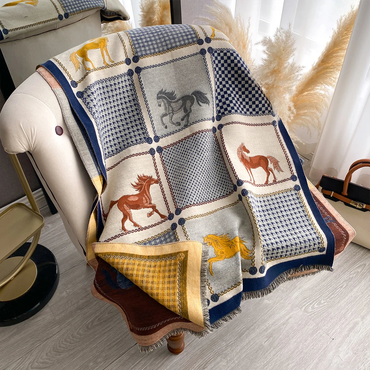 New Women Imitation Cashmere Two Sided Horse Print Scarf Soft Warm Pashmina Shawl Autumn Winter Coldproof Windproof Blanket