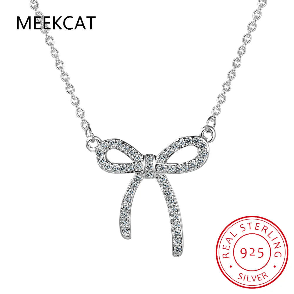 Pass Diamond Test Lab Moissanite Total 0.5 Carat Bow Necklace Pendant 925 Sterling Silver Platinum Plated Luxury Jewelry