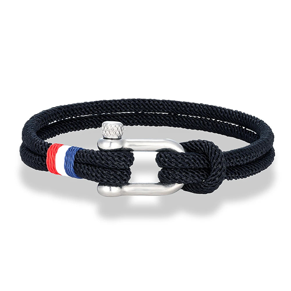 MKENDN Stainless Steel U-Shape Shackle Buckle Bracelet Men Women Handmade Woven Double-Layer Design France Flag Couple Jewelry