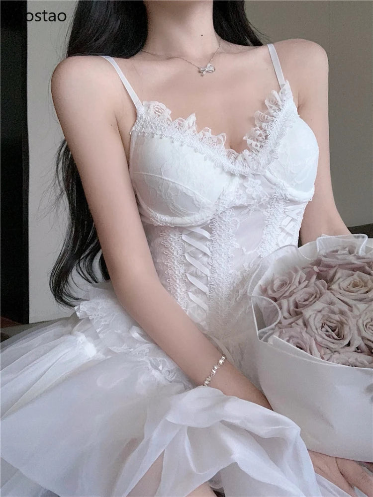 French Sexy Mesh Princess 2 Piece Set Women Beach V-Neck Lace Bandage Slim Camisole Crop Tops High Waist Fluffy Mini Skirts Suit