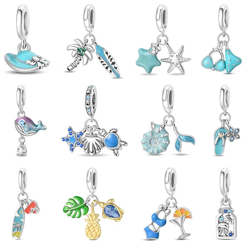 100% 925 Sterling Silver Tortoise Starfish Coconut Luminous Ocean Surfing Charms Beads Fit 925 Original Bracelets DIY Jewelry
