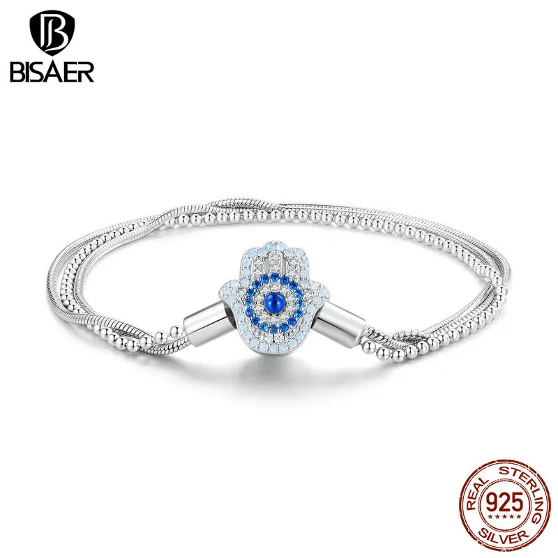 BISAER Bracelet de base en argent sterling 925 véritable avec ange gardien Fatima plaqué platine pour femmes, breloques, perles, bijoux fins à faire soi-même
