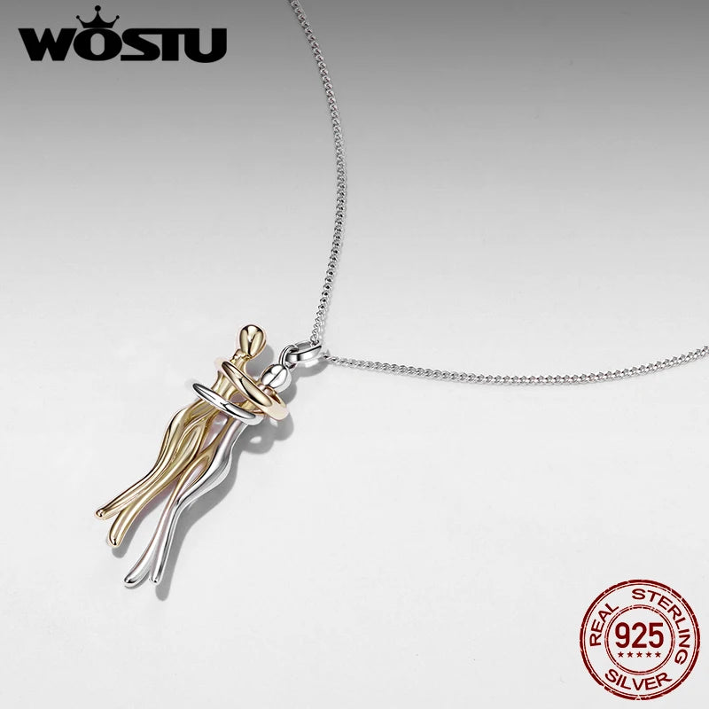 WOSTU 925 Solid Silver Hug Pendant Necklace For Sister Friend, Silver Gold Two-tone Embrace Pendant Friendship Jewelry Gift