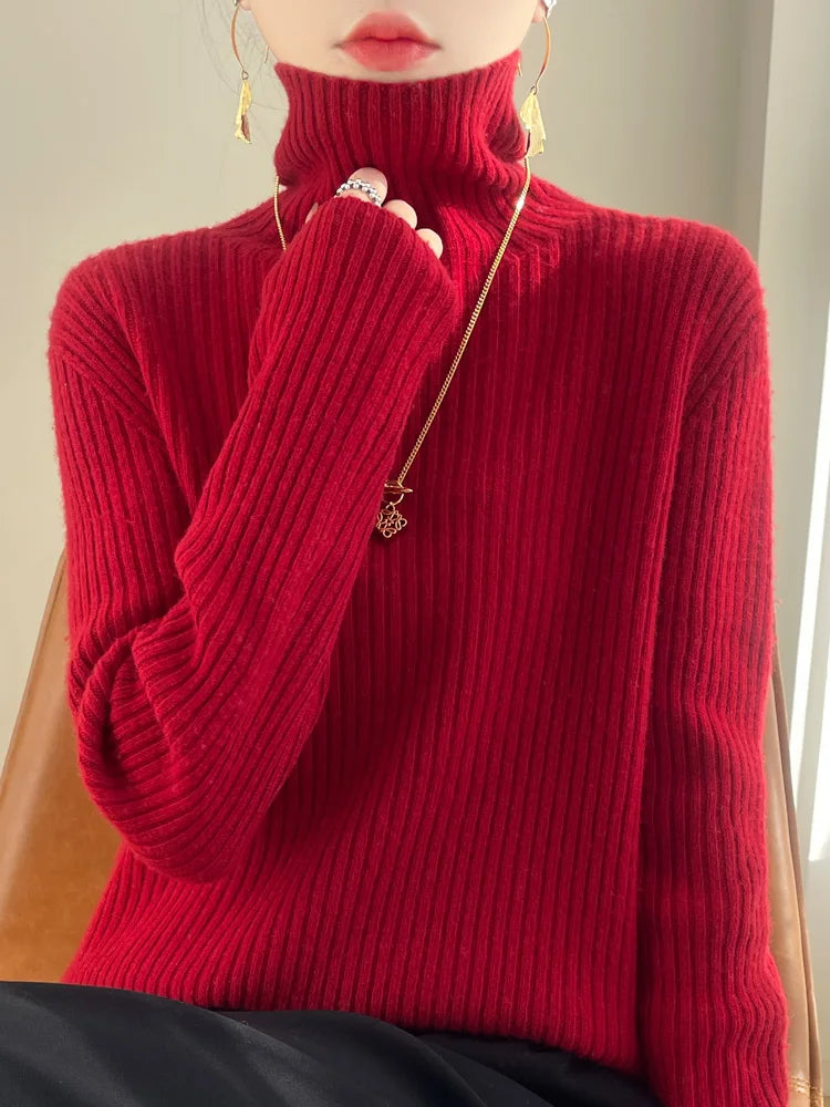 Women 100% Merino Wool Sweater Turtleneck Knitted Vertical Stripes Pullover Autumn Winter Thickened Cashmere Casual Knitwear Top