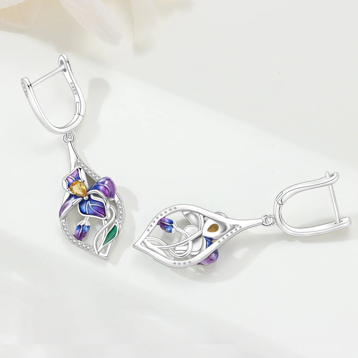 PANPOKI 925 Sterling Silver Blue Purple Iris Flower Drop Earrings Women Earrings Charm Trend Versatile Party Jewelry Gifts