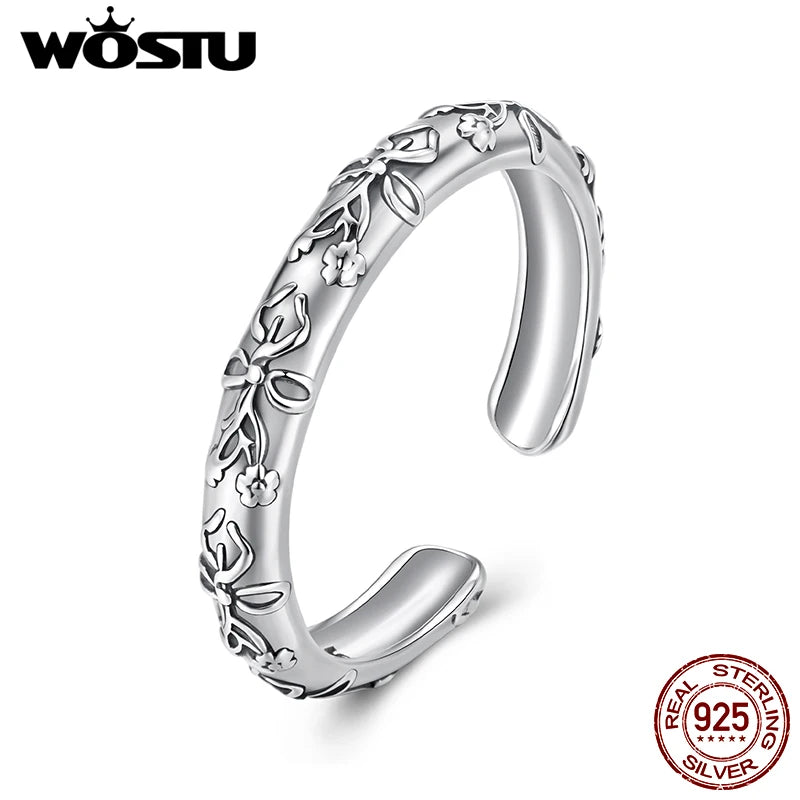 WOSTU 925 Sterling Silver Vintage Flower Patterm Bow Ring Stacking Simple Flower Opening Rings Jewelry Gift For mom Love Family