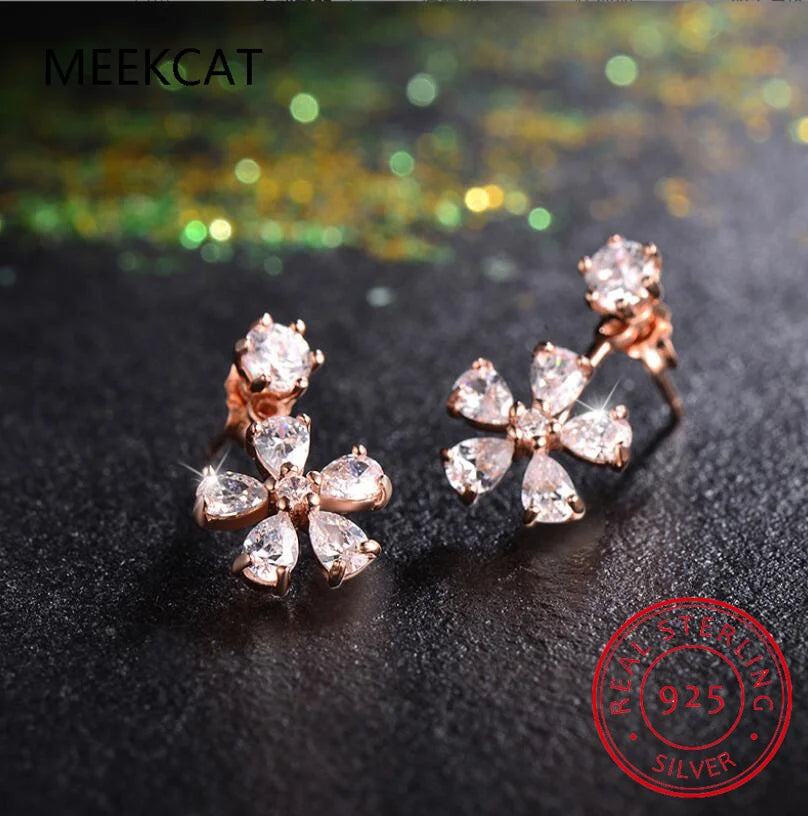 2.0 CTTW Moissanite Stud Earring 925 Sterling Silver Flower Earring For Women Front Back Double Sided 2 in 1 Pierced Ear Jewelry