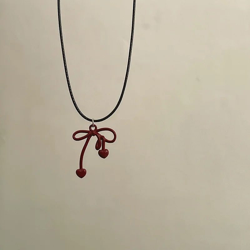 Simple Red Bowknot Pendant Necklaces for Women Black Leather Rope Dripping Oil Bow Knot Clavicle Choker Y2K Party Charm Jewelry