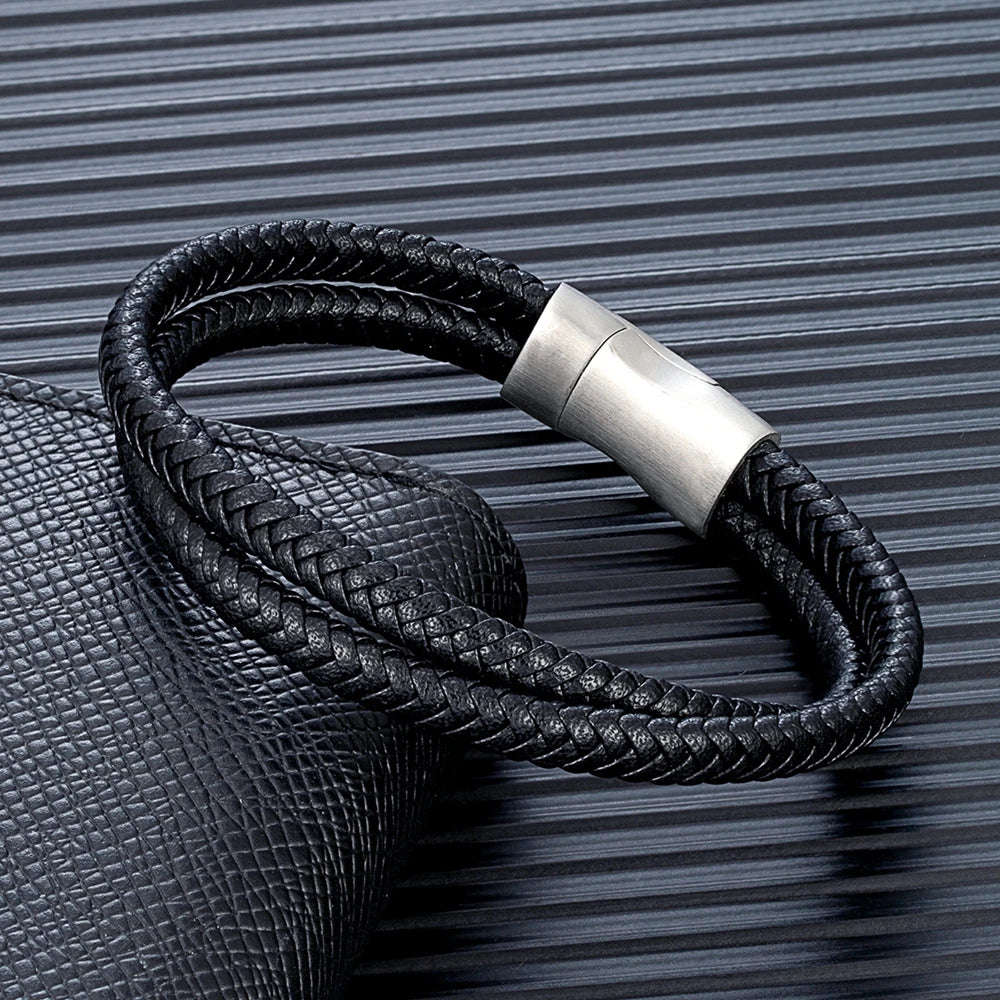 MKENDN Simple Style Men Braided Blue Brown and Black Leather Bracelet Matte Black Stainless Steel Button Accessories Jewelry