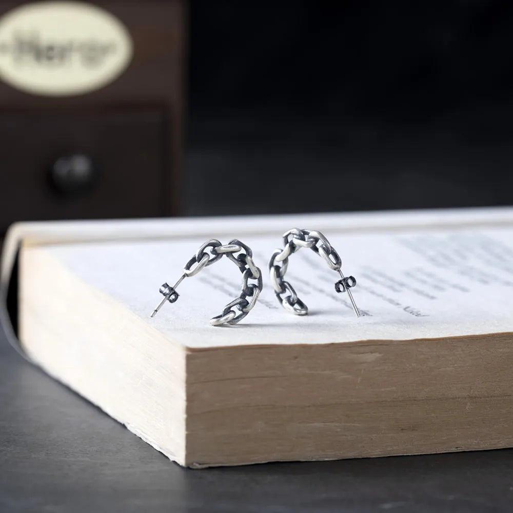 MKENDN 925 Sterling Silber Einfache Gliederkette Punk Ohrschnalle für Männer Frauen Unisex Hip Hop Ohrringe Gothic Schmuck Accessoires