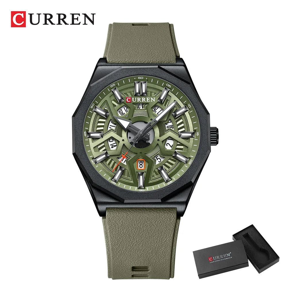 CURREN Fashion Creative Design Watches Men Quartz Silicone Strap Date Wristwatches for Male Clock with Luminous Hands
