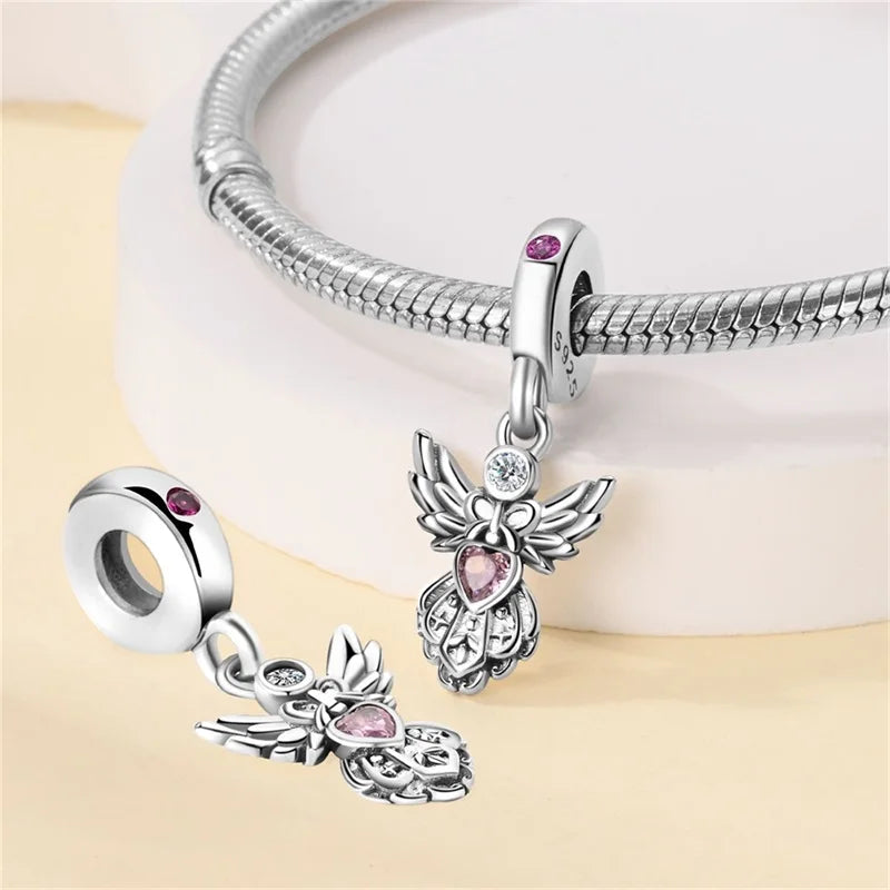 Classic 925 Sterling Silver Pink Retro Heart Shape Lotus Angel Butterfly Charms Beads Fit 3mm Original Bracelets DIY Jewelry
