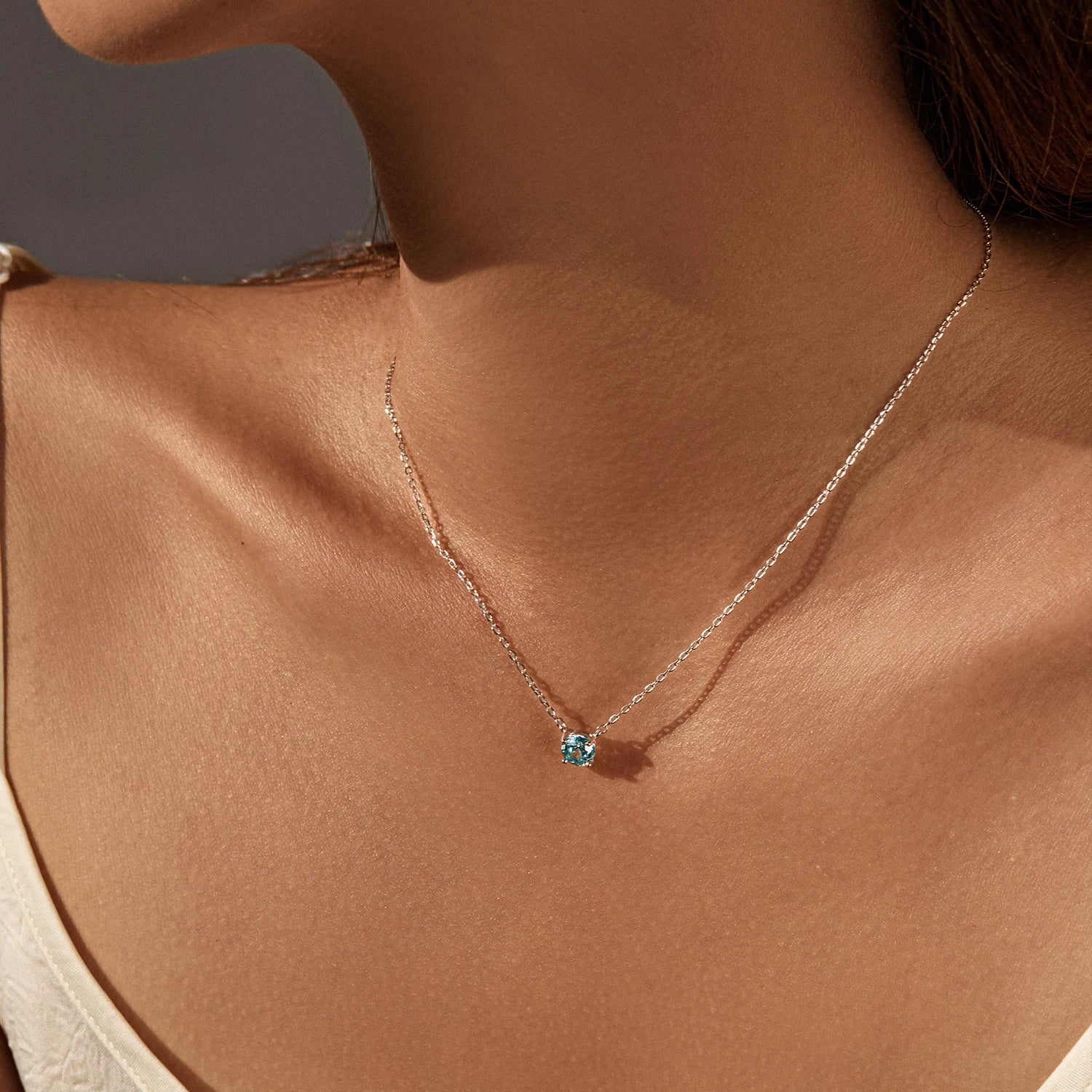 MODIAN 925 Sterling Silver 2 Sizes Classic Round Rose Cut Light Sea Blue CZ Pendant Necklaces For Women Fine Jewelry