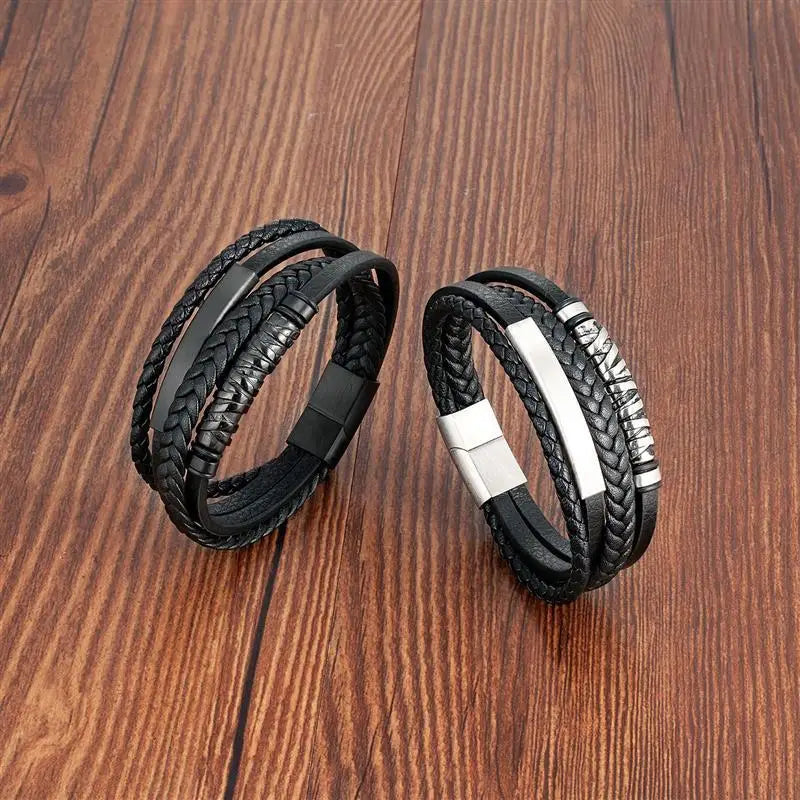 Multilayer Stainless Steel Insert Bracelet Viking Leather Bracelets for Men Punk Jewelry Homme Accessories custom logo