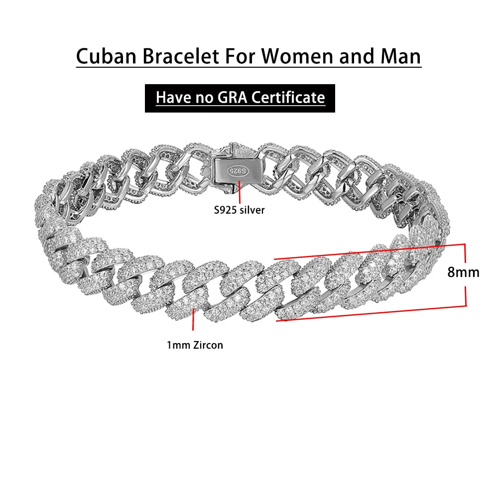 2 Row 8MM Cuban Bracelet Men Women Fine Jewelry S925 Silver High Carbon Diamond Couple Bracelet Plated 18K Hip Hop Link Chain - Madeinsea©
